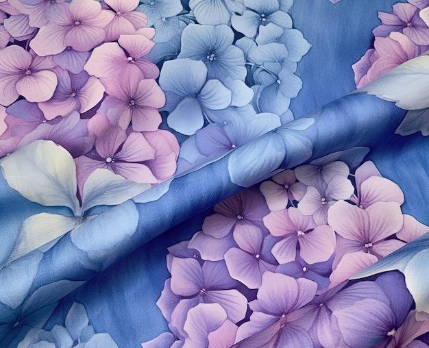 파란색과 보라색의 꽃무늬 패브릭 디자인