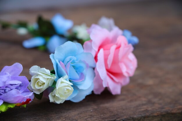 Fabric flowers crown selection focus wedding decorate, put on the wood table background