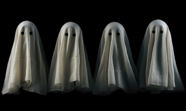 Тканевые призраки с белым простынем и проколотыми темными глазами Хэллоуинская концепция для Дня мертвых