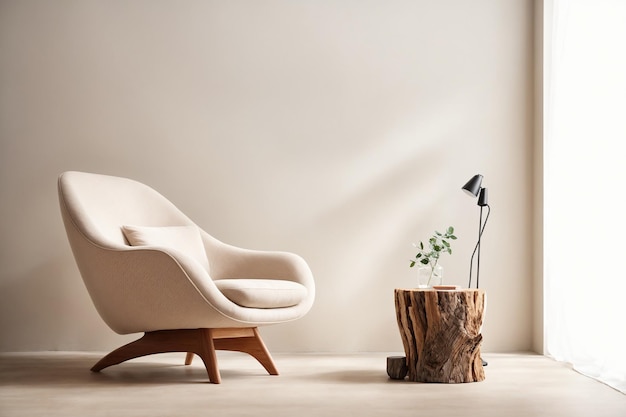 Тканевое кресло для отдыха и приставной столик из пня на фоне бежевой штукатурки стены с местом для копирования