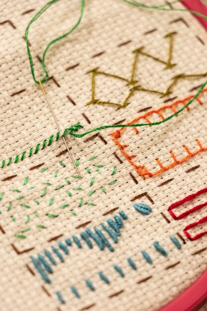 fabric sewn with colored thread with embroidery stitches