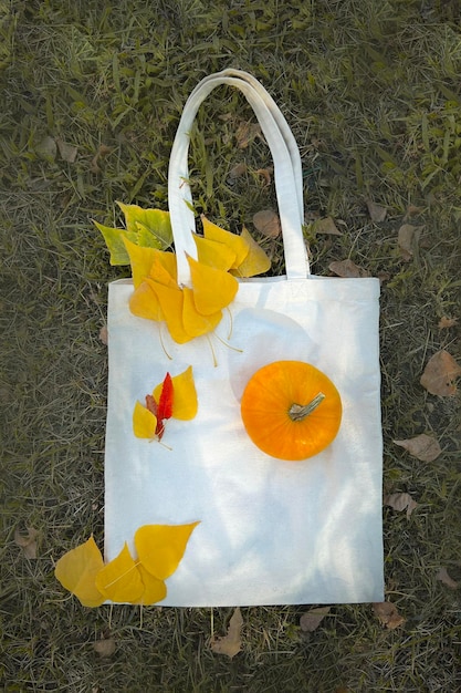 fabric shopping tote bag on grass ecological food shopping without plastic bags change of nature