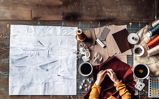 Fabric Thread and Coffee on a Sewing Workshop Table