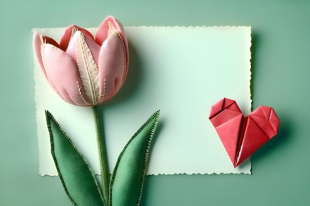 Fabric Tulip and Origami Heart on Soft Teal and Pink Background