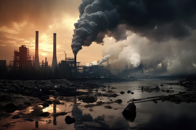 fabriek die het milieu vervuilt Opwarming van de aarde concept 3D-rendering Vervuiling van de planeet en de atmosfeer met schadelijke emissies AI gegenereerd