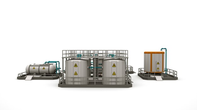 Fabriek en plant, ketels en vaten, zwart-wit afbeeldingen, set met ontwerpelementen. 3D-afbeelding van industriële zones geïsoleerd.