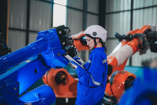 Foto fabriek ingenieur vrouw inspecteert op machine met smart tablet werknemer werkt aan machine robot arm