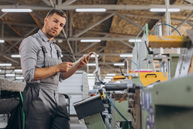 Foto fabriek mannelijke bebaarde arbeider programmeert een cnc-freesmachine met kopieerruimte