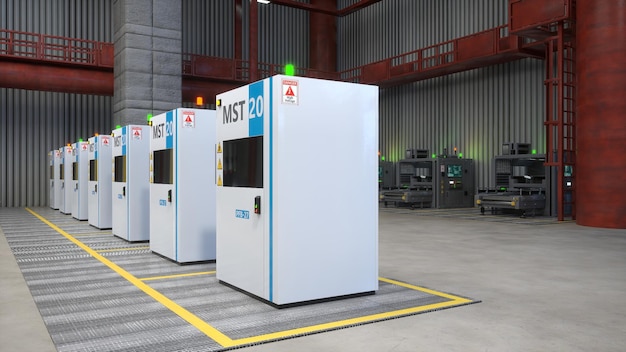 Fabriek met rijen geautomatiseerde industriële machines, transportbanden 3D-rendering