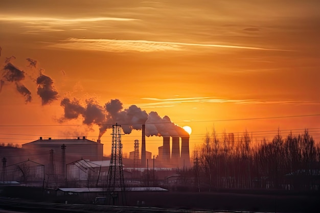 Fabriek met rook die uit de schoorstenen komt met zonsondergangachtergrond