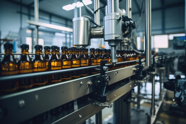 Fabriek voor de productie van bier Brouwerijtransportband met glas bier drinken alcoholflessen moderne productielijn Onscherpe achtergrond Moderne productie voor het bottelen van dranken Selectieve aandacht