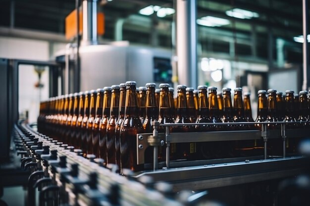 Fabriek voor de productie van bier Brouwerijtransportband met glas bierdrank alcoholflessen moderne productielijn Wazige achtergrond Moderne productie voor het bottelen van dranken Selectieve aandacht