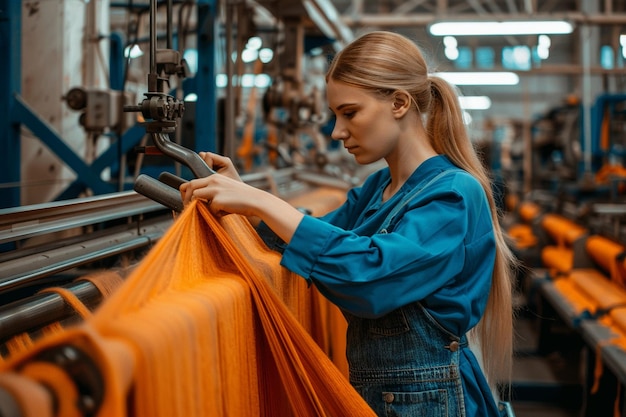 Foto fabriek vrouw in blauw pak werkt met productie machine