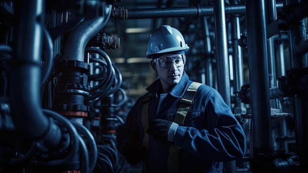 Fabrieksarbeider bij een olieraffinaderij die het werk doet nachtploeg concept natuurlijke hulpbronnen concept