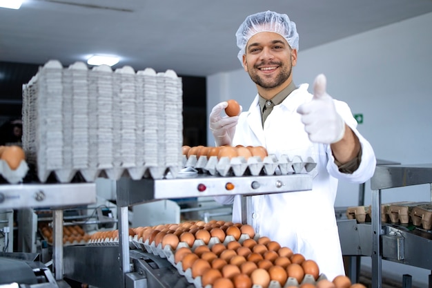 Fabrieksarbeider in steriele kleding, haarnetjes en hygiënische handschoenen met duimen omhoog en industrieel geproduceerd ei in voedselverwerkingsfabriek of boerderij.