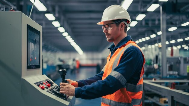 Fabrieksarbeider in uniform en met een helm die een industriële machine bedient met een joystick met drukknoppen