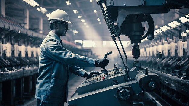 Fabrieksarbeider in uniform en met een helm die een industriële machine bedient met een joystick met drukknoppen