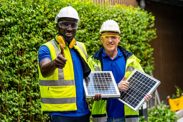 Fabrieksarbeider technicus ingenieur mannen tonen en controleren zonnecelpaneel op duurzame technologie met groene werkende suite