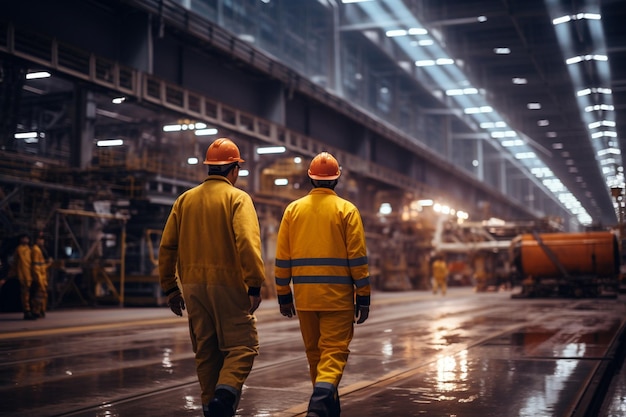 fabrieksarbeiders in werkkleding en gele helmen lopen door de industriële productiehal