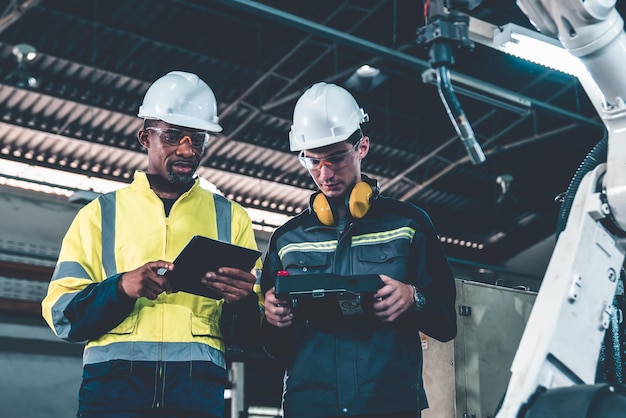 Fabrieksarbeiders werken met bedreven robotarm in een werkplaats