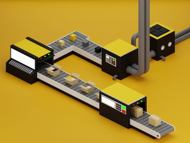 Fabrieksillustratie met gele achtergrond in 3D-ontwerp