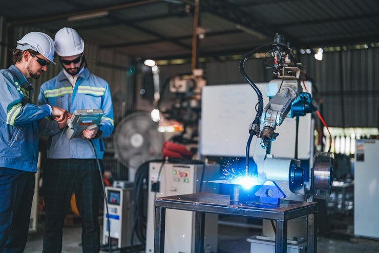 Foto fabrieksingenieurs gebruiken slimme besturing om de armrobotmachine te besturen voor het snijden van het metaalplaatje