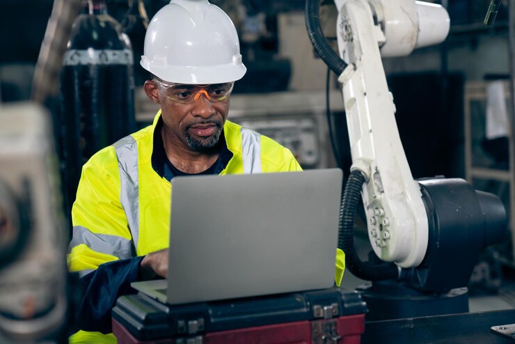 Foto fabriekswerker die met een laptop werkt om een handige checklist van procedures uit te voeren