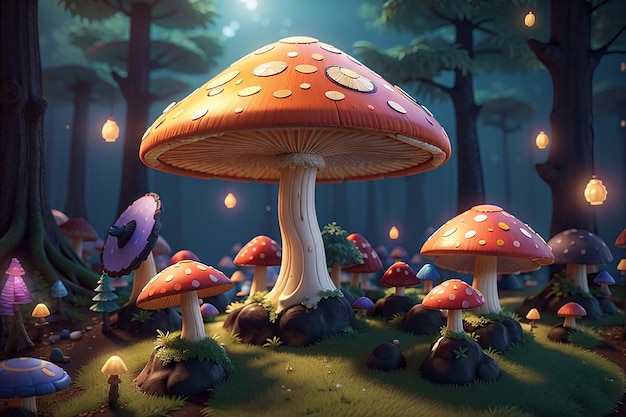 Fabuleuze grote paddenstoelen in een magisch bos Fantasy Paddenstoelen 3D rendering Raster illustratie