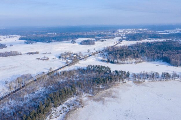 雪に覆われたモミの木と山の森の素晴らしい空中冬のパノラマ。カラフルな屋外シーン、新年あけましておめでとうございますのお祝いのコンセプト。自然の美しさの概念の背景。