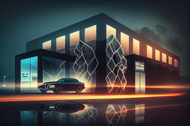 生成 AI で作成されたライトとオブジェクトの二重露光を備えた素晴らしい自動車ショールーム