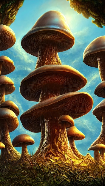 Fabulous big mushrooms in a magical forest fantasy mushrooms\
illustration for the book cover amazing landscape of nature 3d\
illustration