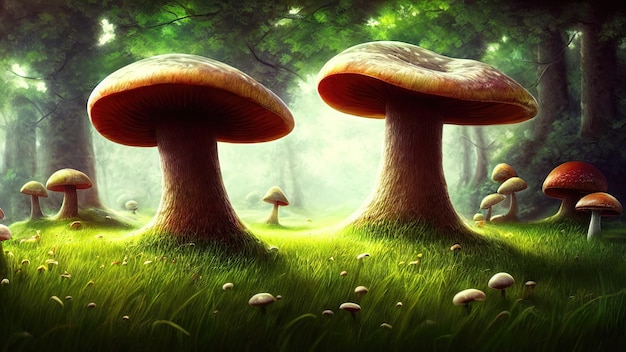 Fabulous big mushrooms in a magical forest fantasy mushrooms\
illustration for the book cover amazing landscape of nature 3d\
illustration