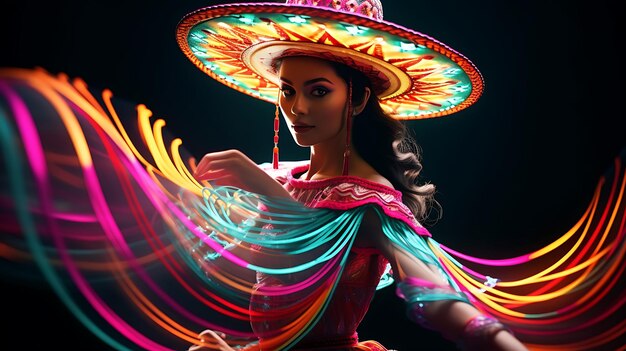 Foto favolosa ballerina del cinco de mayo alla luce del neon bellissima modella in costume tradizionale