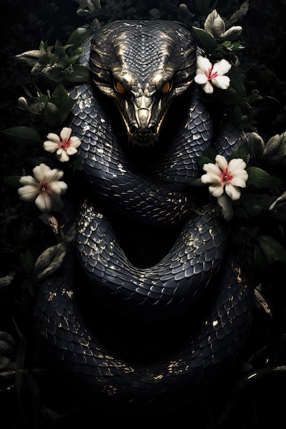 Fabulous dragon snake with flowers as a symbol of power and love Generative ai
