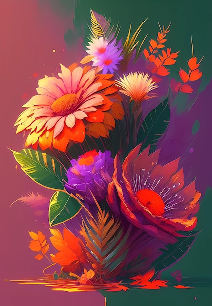 Сказочный рисунок красочных цветов с тропическими листьями, генеративный ай