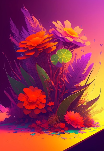 Fabulous drawing of colorful flowers with tropical leaves generative ai