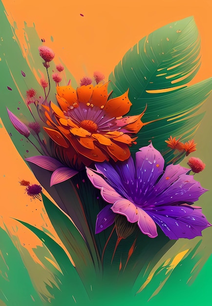 Fabulous drawing of colorful flowers with tropical leaves generative ai