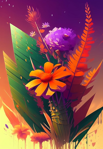 Foto favoloso disegno di fiori colorati con foglie tropicali generative ai