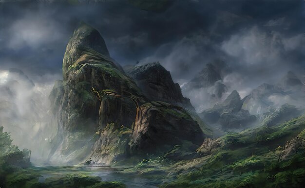 Fabulous fantasy landscape of mountains amazing view of the rocks and the valley Mystical nature of the peaks of mountains and ridges Illustration