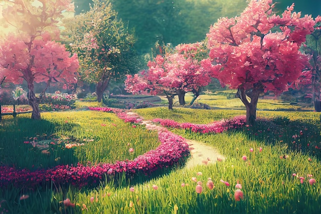 Fabulous garden with colorful trees and golden apples beautiful\
trees 3d render raster illustration