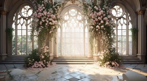 Fabulous Gothic palace all in flowers and greenery Wide staircases columns and large windows in antique style fairy tale