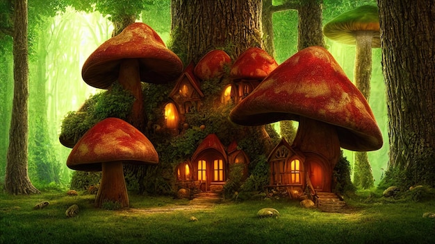 Fabulous house inside mushrooms in a magical forest Fantasy Mushrooms illustration for the book cover Amazing landscape of nature 3d illustration