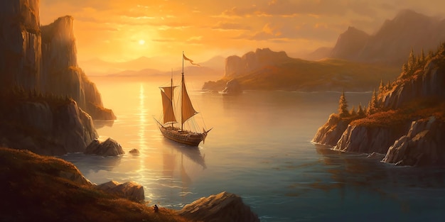 Fabulous illustration a ship in a sea bay at sunset AI Generated