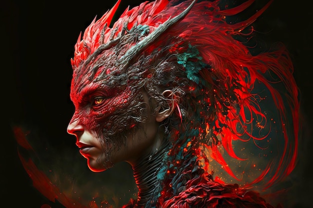 Fabulous image of magical woman in form of red dragons