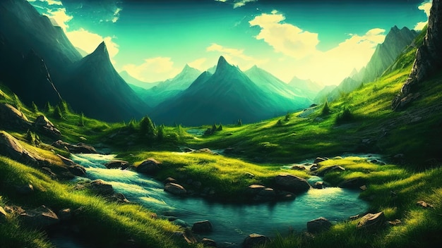 Сказочный пейзаж реки в горах теплый свет заката Панорама горных вершин потоки воды из горных озер 3d иллюстрация