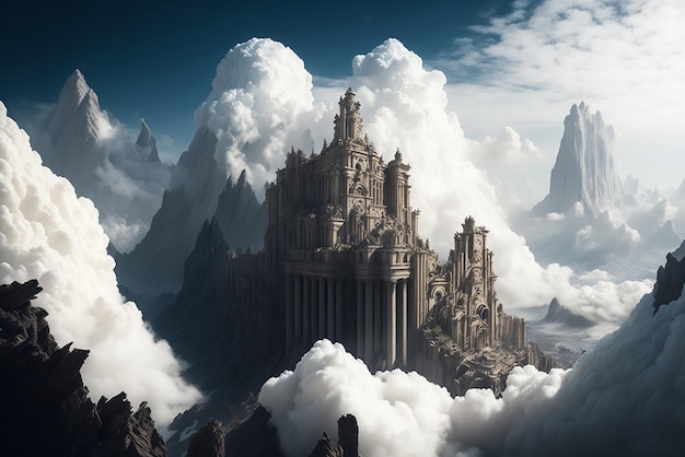 A fabulous lost city in white clouds