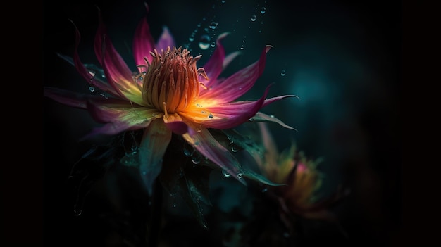 Fabulous magical glowing flower in the night forest closeup