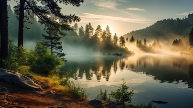 Fabulous misty morning scene of nature view of fore