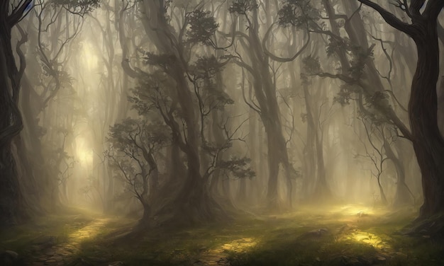 Fabulous mysterious forest of magical trees rays of sun break\
through foliage and branches of trees path through thicket of the\
forest 3d illustration