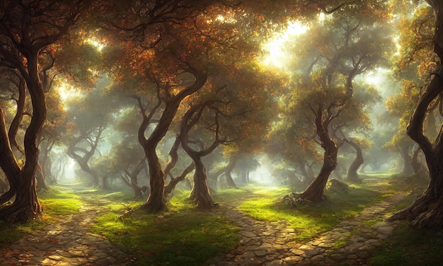 Fabulous mysterious forest of magical trees rays of sun break\
through foliage and branches of trees path through thicket of the\
forest 3d illustration